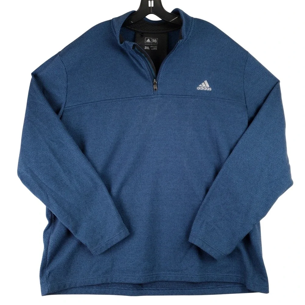 Adidas Quarter Zip Pullover Mens 2XL Blue Textured Waffle Knit Sporty Activewear
